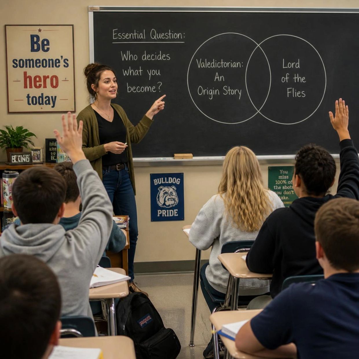 Teacher engaging students in a classroom discussion about Valedictorian: An Origin Story.