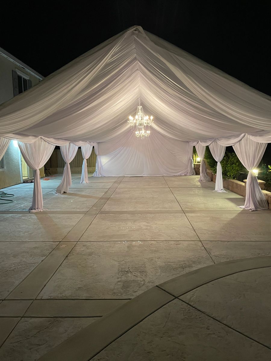 30x60 Draped Tent with 3 Chandeliers