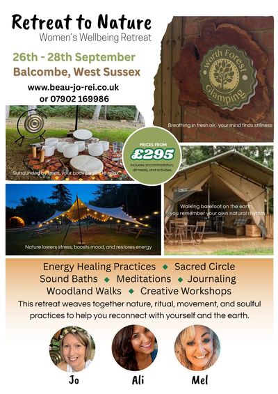 Retreat to Nature Flyer, pictures of glamping and wellbeing event site, including crystal bowls.
