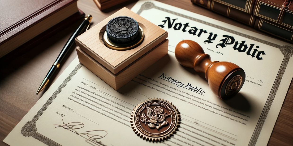 Notary public certificate with stamp, seal, and pen on wooden desk.