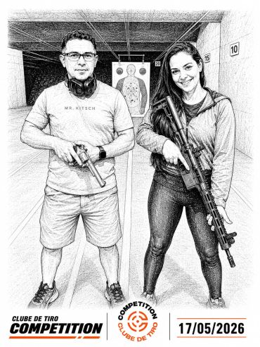 Two people posing with firearms at a shooting range competition.