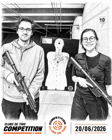 Two people holding rifles at a shooting range with a target behind them.
