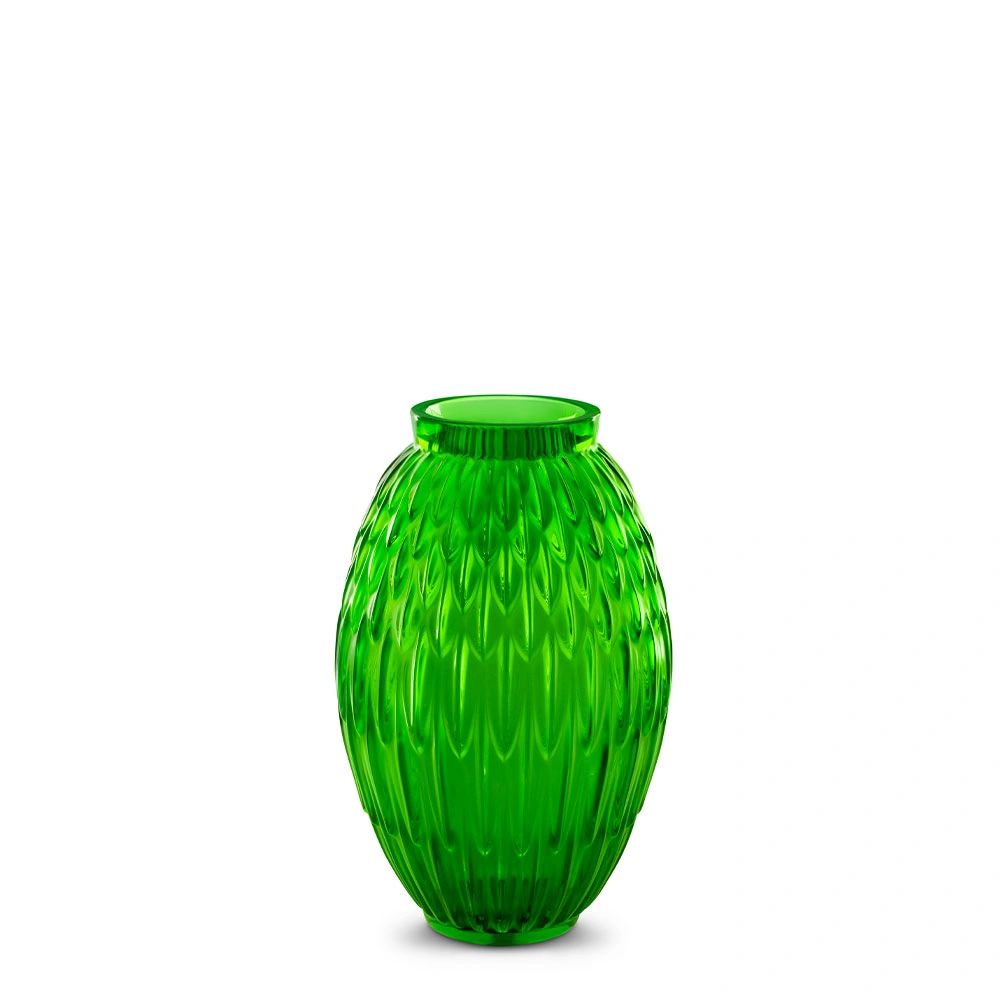 Lalique Plumes Large Vases Green Crystal