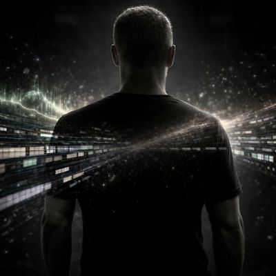 A guy standing, facing away, and ideas of sound and video files flowing. Audio, Video, Design.