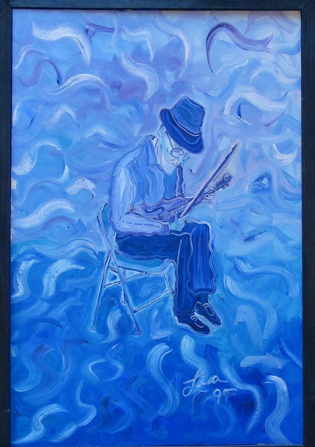 Oil paining of man sitting on chair plucking fiddle, with swirls of sound, all in blue