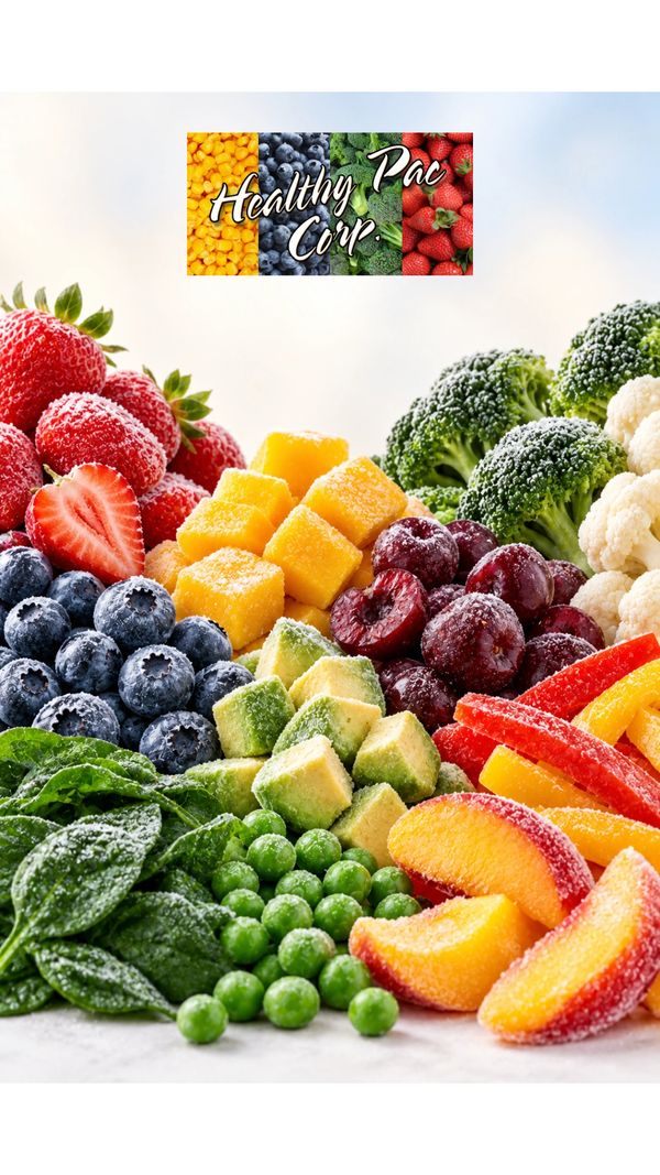 Assorted frozen fruits and vegetables with Healthy Pac Corp. logo.