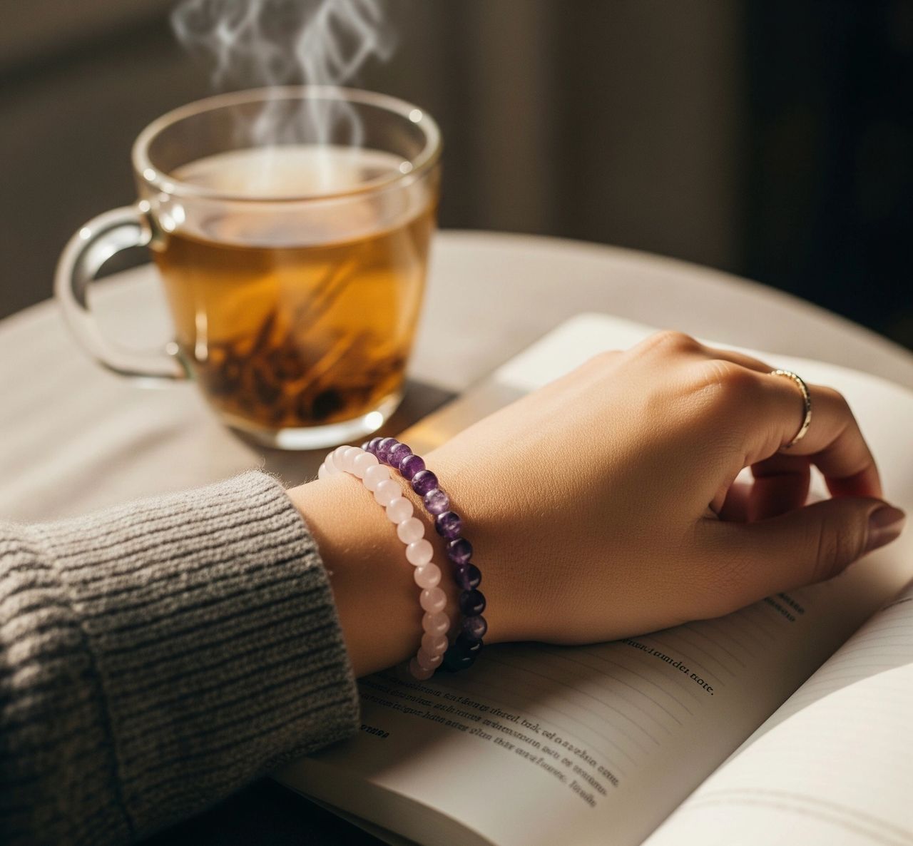 A beautifully composed, soft-focus shot of a person's left wrist. They are wearing a Rose Quartz and an Amethyst bracelet. The hand is resting gently on an open journal next to a steaming mug of herbal tea. The lighting is warm and gentle, evoking a sense of peace and self-care.