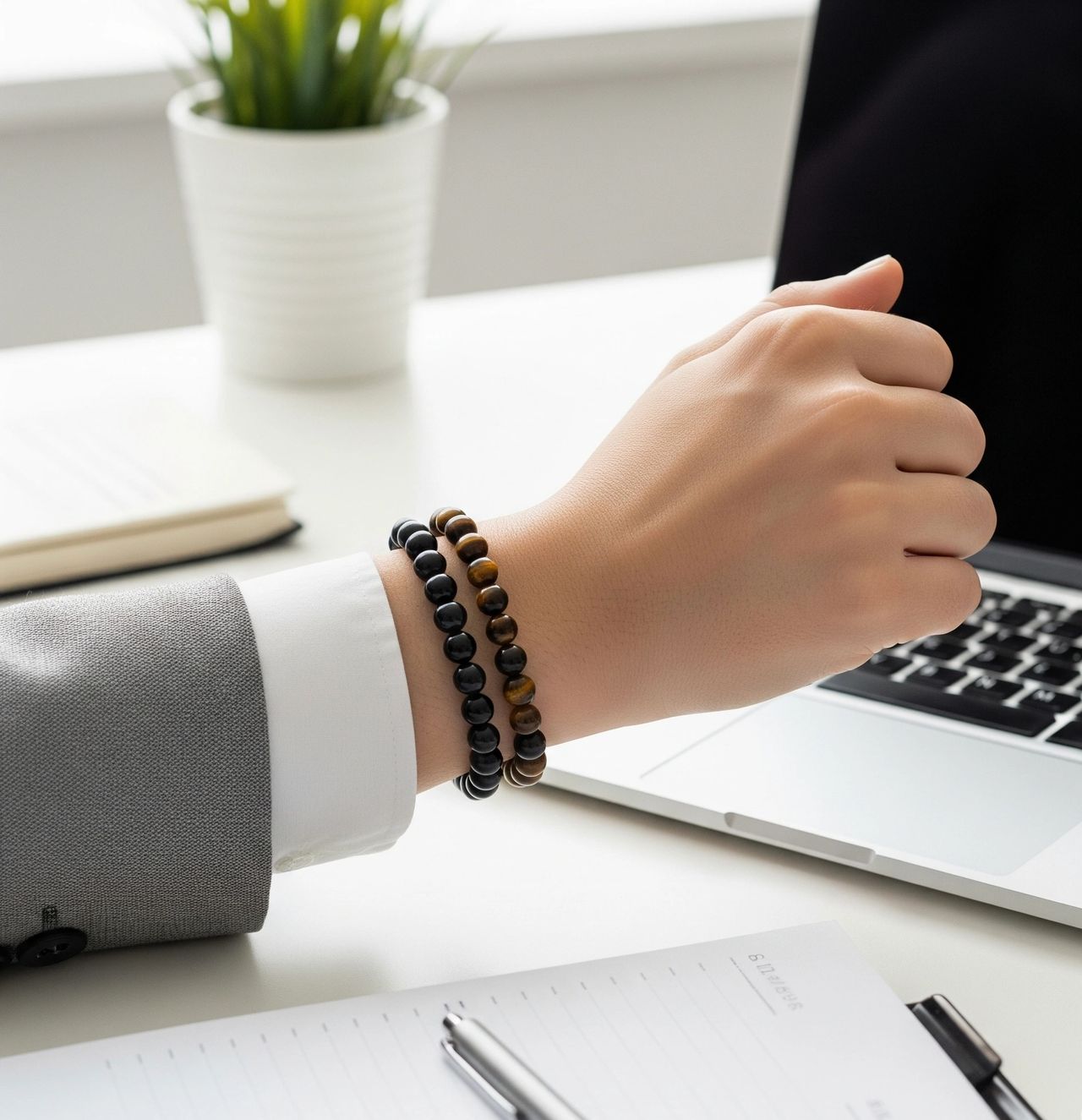 A dynamic, clear shot of a person's right wrist wearing a Black Tourmaline and a Tiger's Eye bracelet. The hand is confidently placed on a modern desk next to a laptop and a planner. The image has a clean, bright feel, suggesting focus, action, and protection in a work environment.