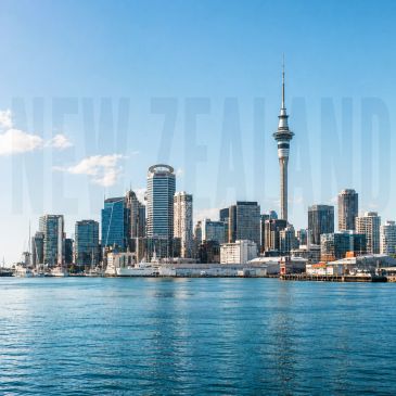 Skyline of a city with water in the foreground on a clear day.