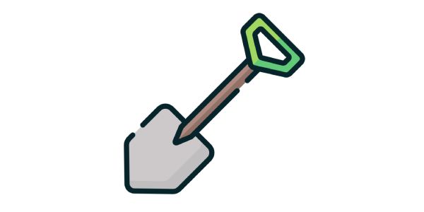 Illustration of a small gardening shovel with a green handle.