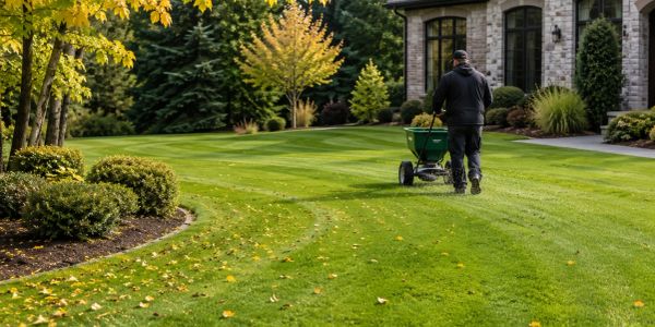 Person fertilizing a green lawn in front of a house.