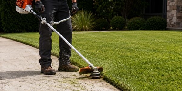 Person trimming grass with a string trimmer.