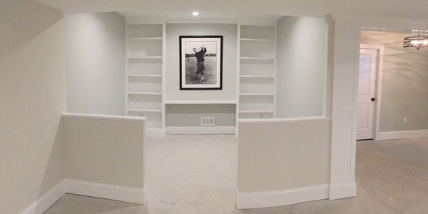 Custom shelving in a complete basement remodel.
