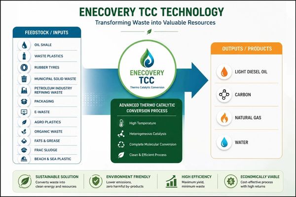 Diagram of Enecovery TCC technology converting waste to valuable products.