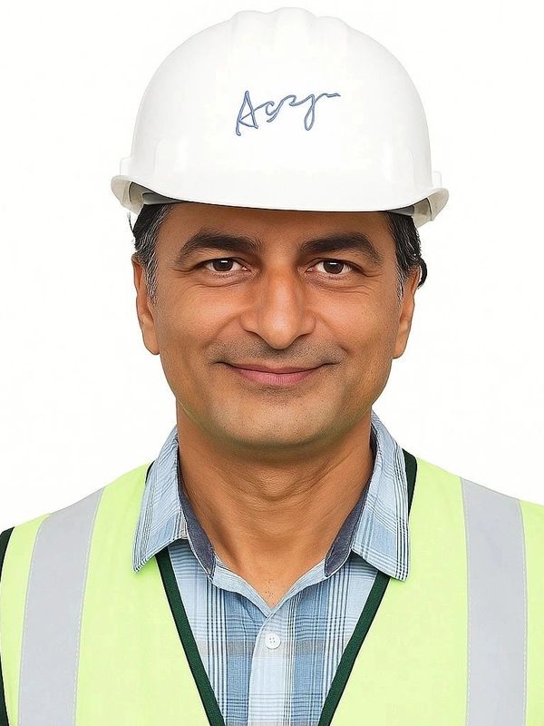 Smiling construction worker wearing a white hard hat and safety vest.