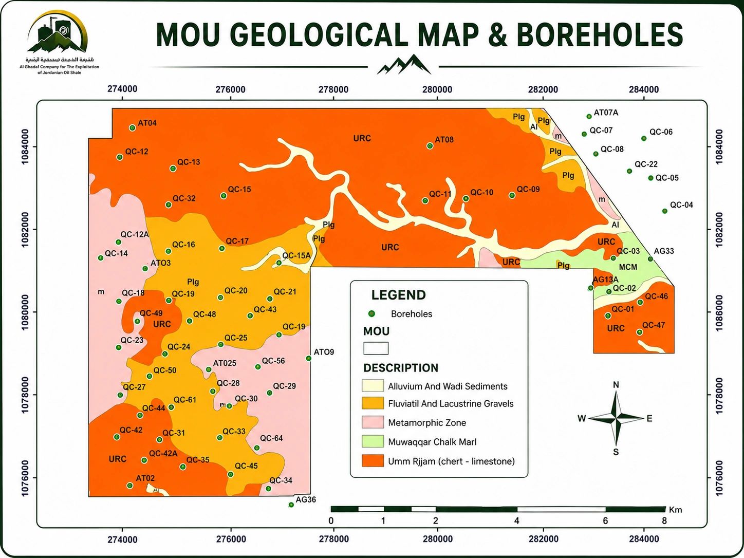 Geological map of MOU with boreholes marked.