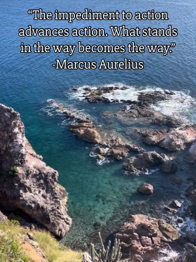 Rocky coastline with a Marcus Aurelius quote about obstacles and action.