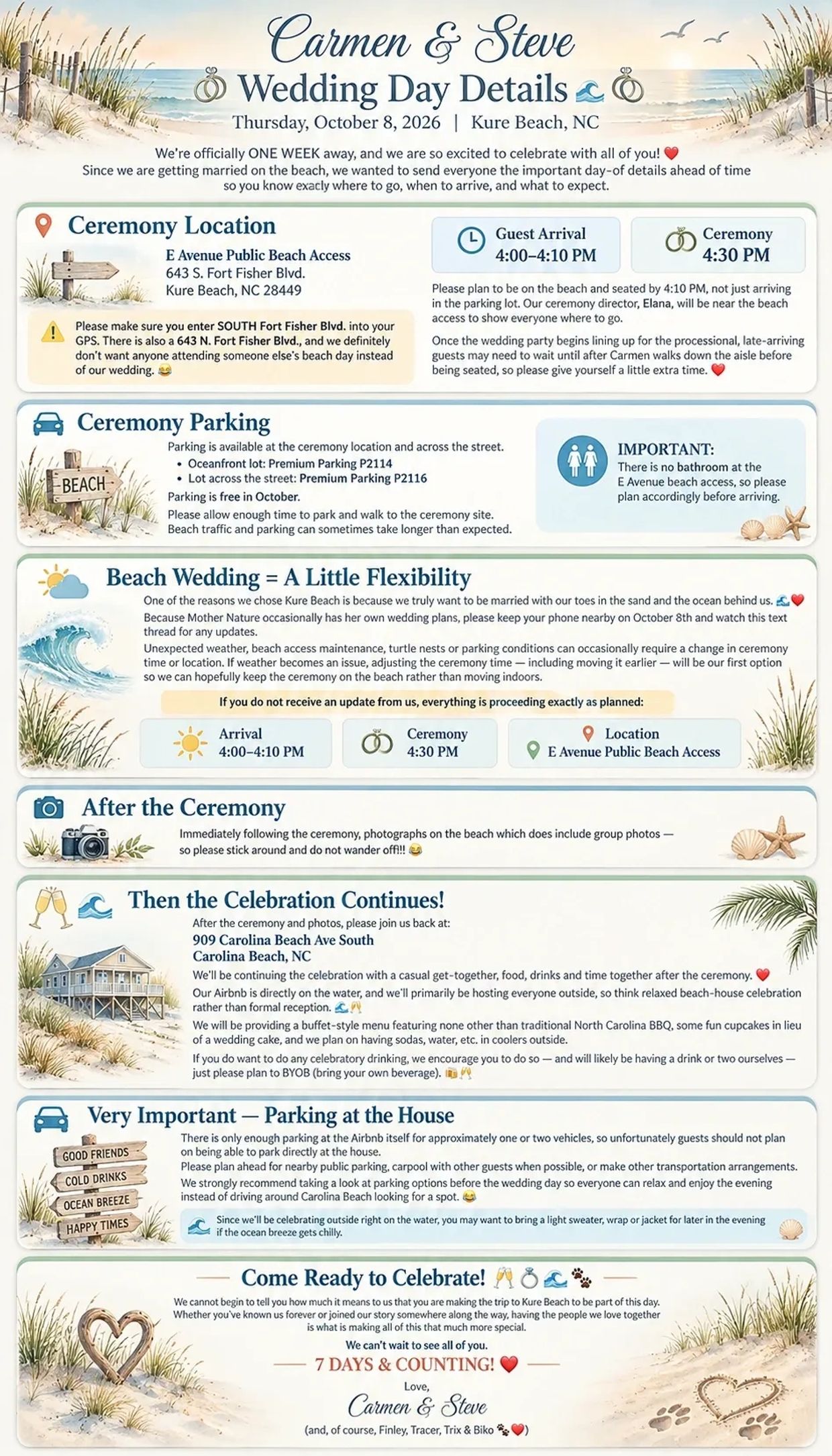 Wedding day details for Carmen and Steve at Kure Beach, NC on October 8, 2026.