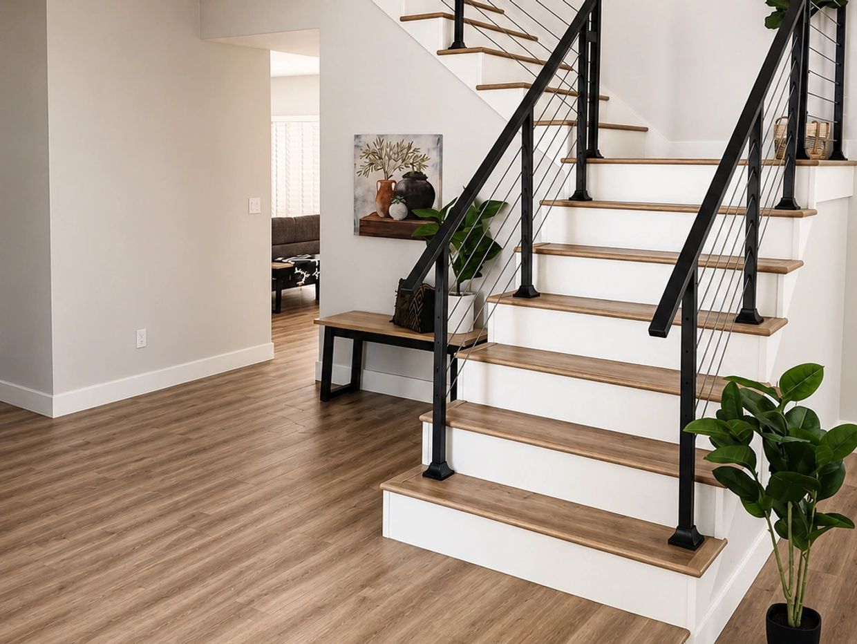 Modern staircase with wood steps, black railings, and decorative plants in a stylish home.