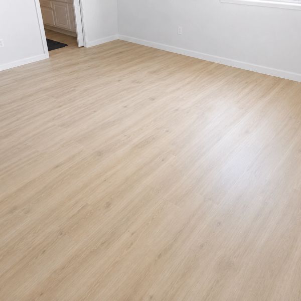 Empty room with light wood flooring and white walls.
