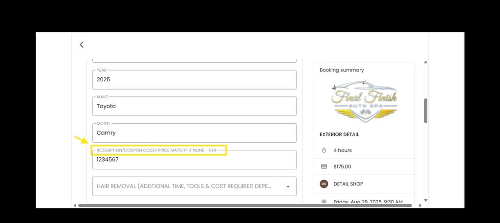 Screenshot of a car service booking form with vehicle details and coupon code entry.
