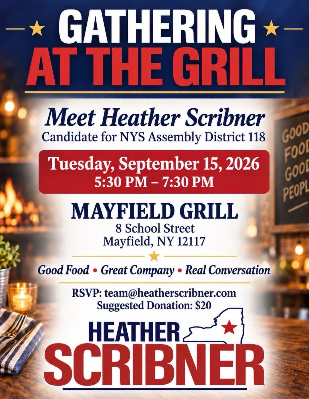 Political event announcement for Heather Scribner at Mayfield Grill.