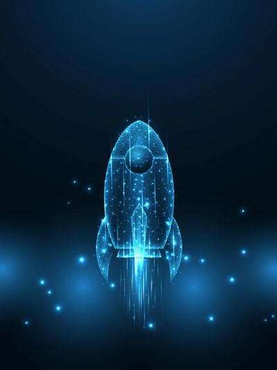 Digital glowing rocket launch symbolising startup advisory, growth and innovation.