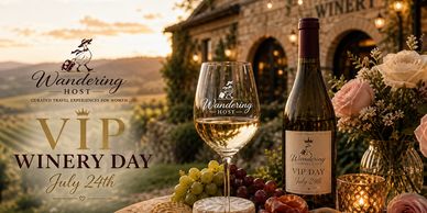 Elegant VIP Winery Day event with wine, grapes, and flowers at sunset.