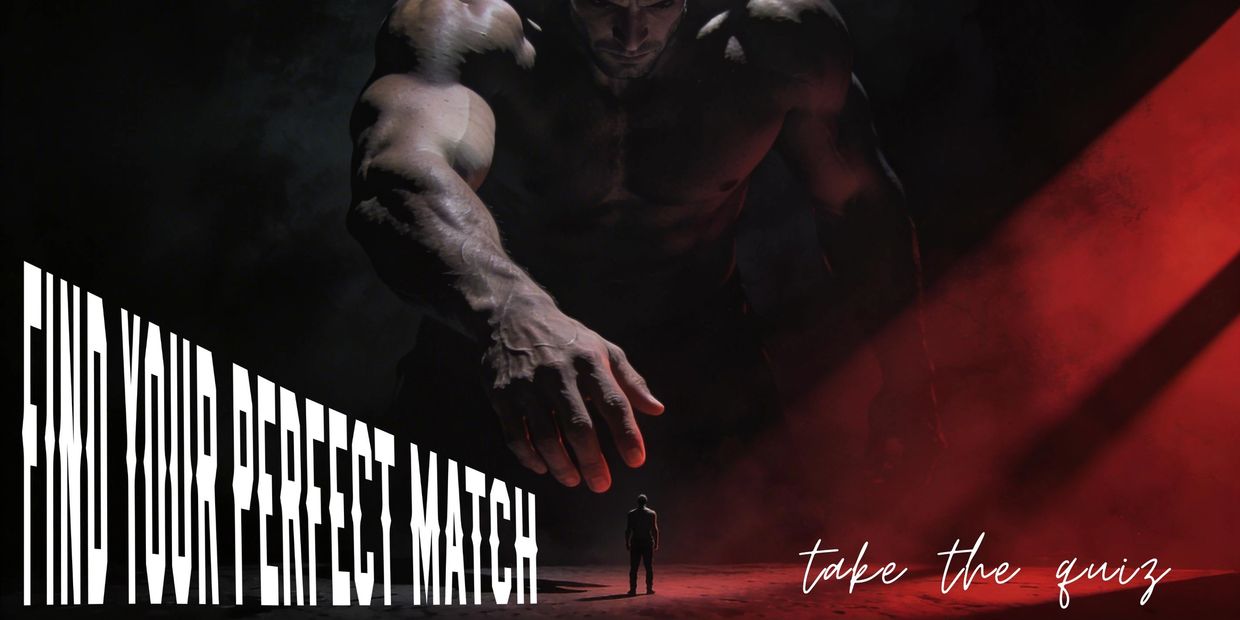 A giant muscular figure reaches toward a small person under red light with text inviting to "Find Your Perfect Match" and "take the quiz."