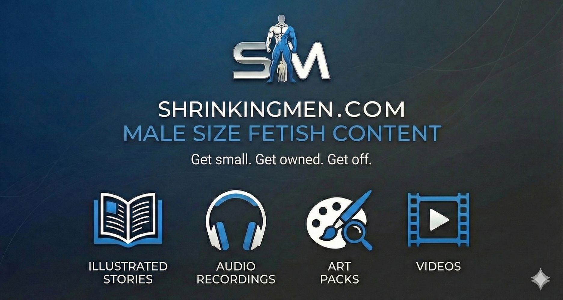 ShrinkingMen.com banner promoting adult gay shrinking stories, audio recordings, art packs and video