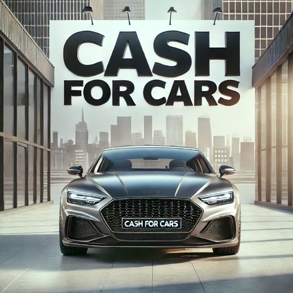 An image of a sleek, modern car parked in an urban setting. The words "Cash for Cars" are displayed.