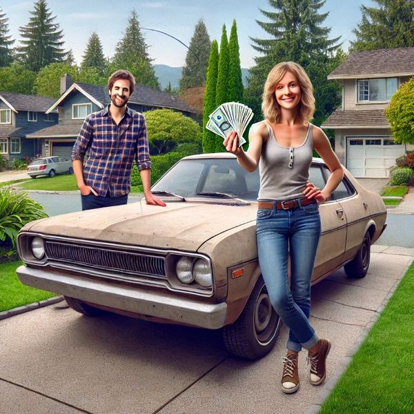 An old car parked in a driveway and a person holding cash. 