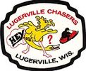 Patch of Lugerville Chasers, Lugerville, Wisconsin with cartoon dog and hat.
