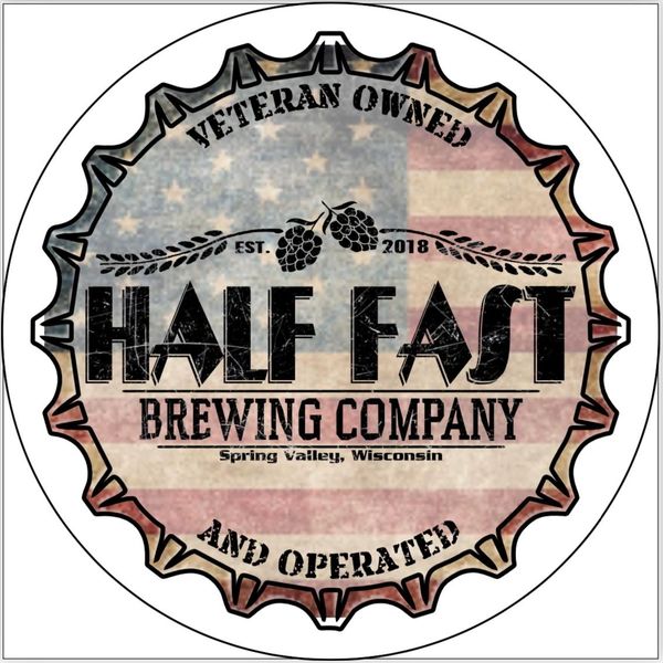 Logo of Half Fast Brewing Company with a vintage American flag background.