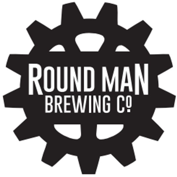 Logo of Round Man Brewing Co. inside a gear shape.