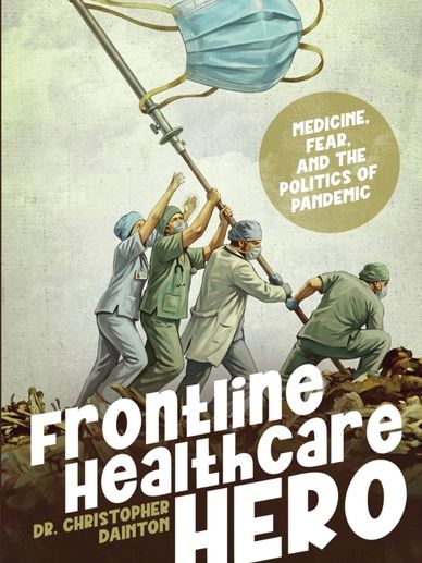 Healthcare workers raising a giant mask like a flag symbolizing pandemic fight.