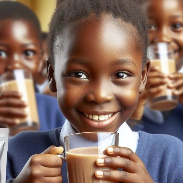 Smiling children enjoying Nhimbe Instant Maheu drink in school setting.