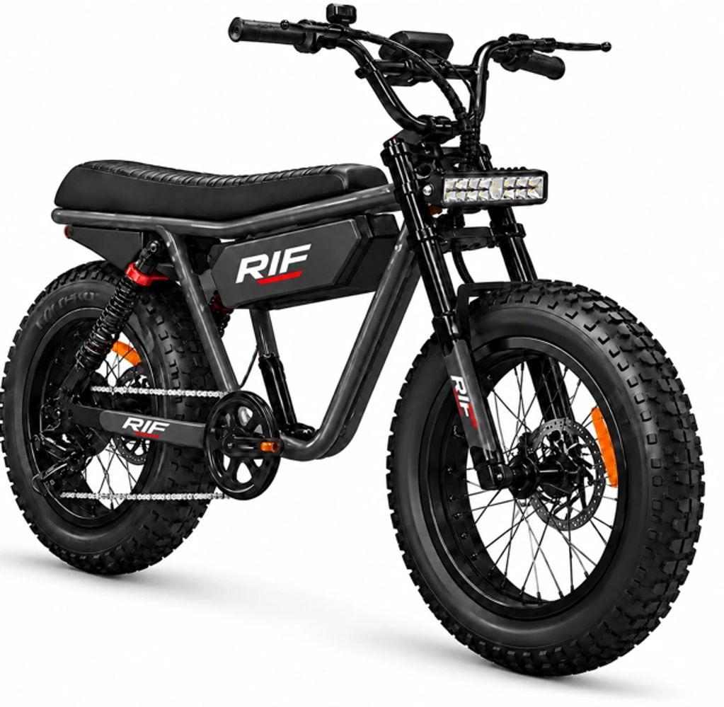Black RIF electric bike with fat tires and LED headlight.