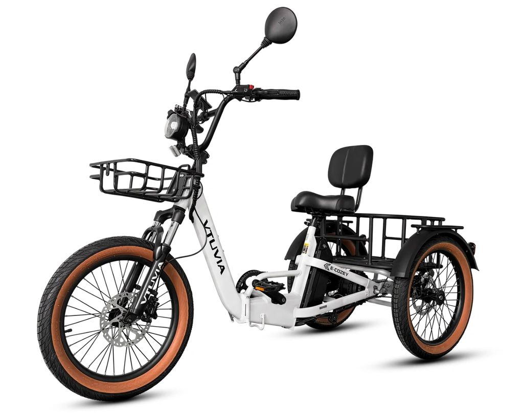 White three-wheeled electric bike with black and orange tires.