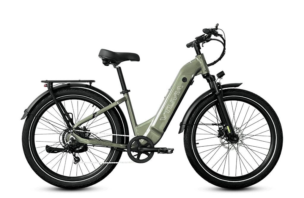 Green Vitivia electric bike with rear rack and fenders.