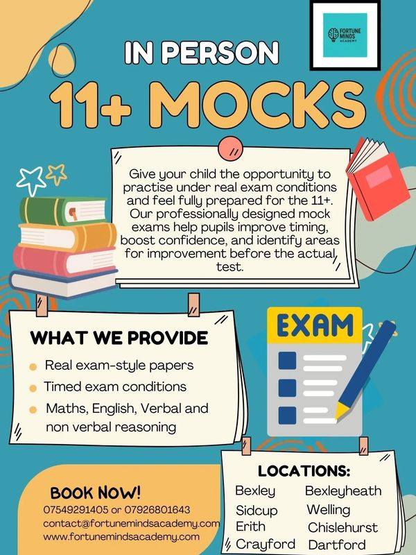 In-person 11+ mock exams to prepare children with real exam conditions and timed papers.