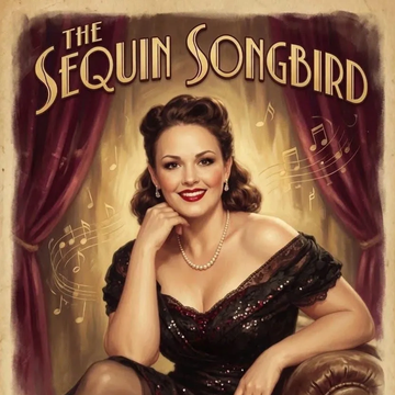 Vintage portrait of a glamorous woman titled 'The Sequin Songbird'.