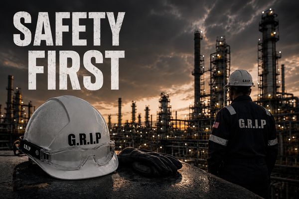 Safety first message with industrial background and helmet.