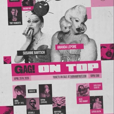 A vibrant drag show poster featuring Amanda Lepore and Susanne Bartsch.
