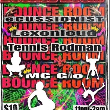 Colorful flyer for a Bounce Room event featuring Tennis Rodman and MC Glo.