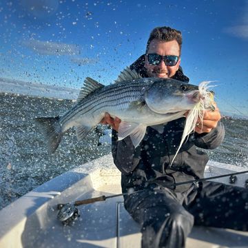 Man holding a large striped bass on a boat with water splashing.