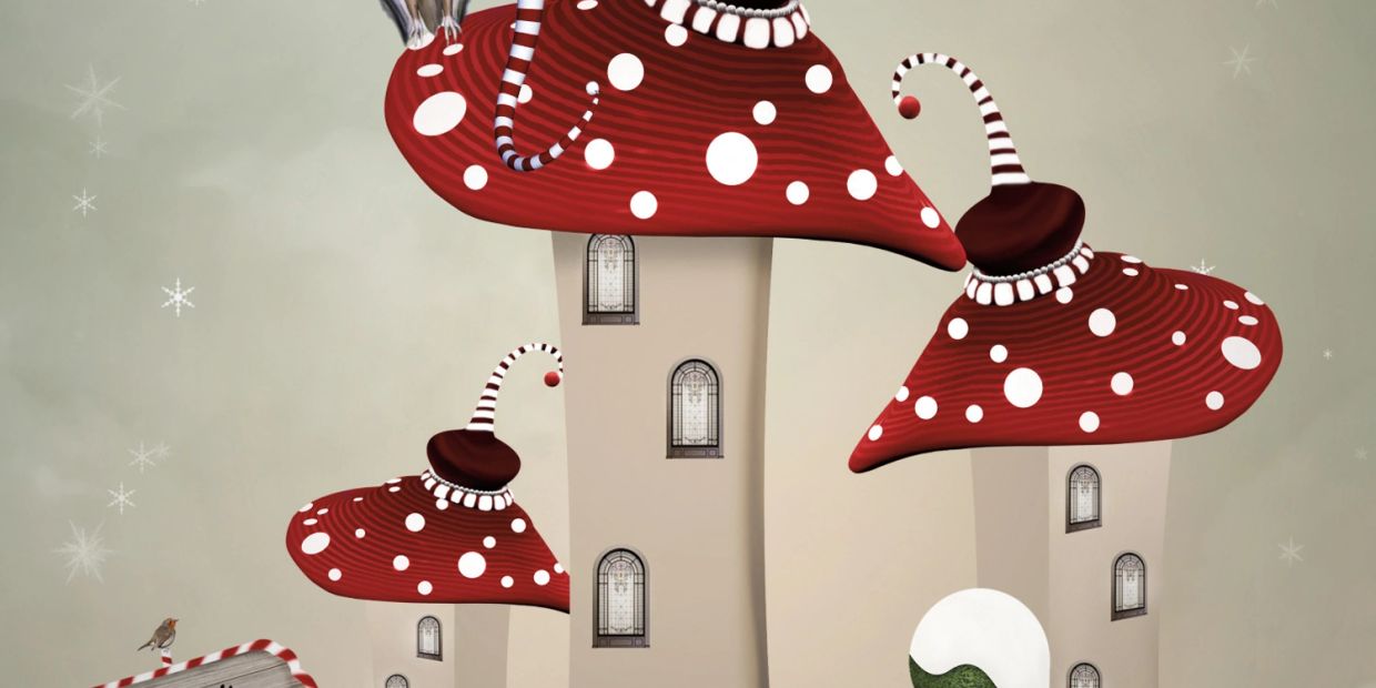Surreal mushrooms with red and white polka dot caps and windows.