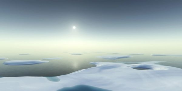 Serene Arctic landscape with calm waters and ice floes at sunrise.