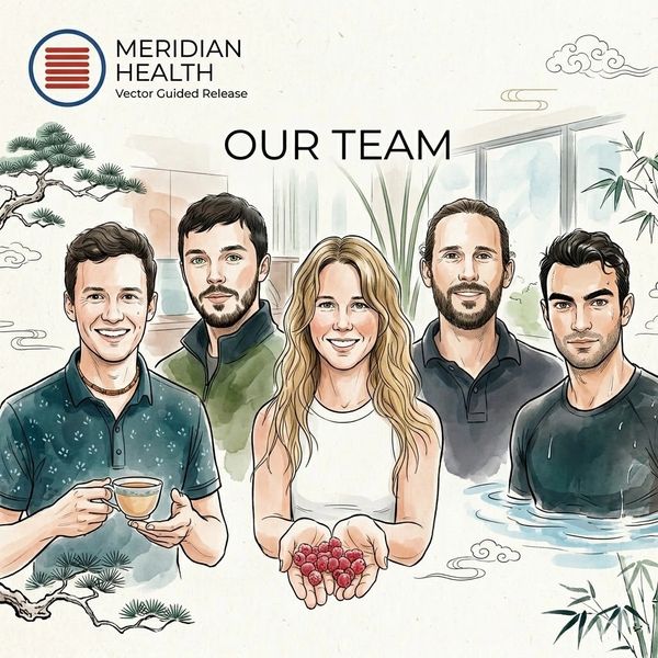 Illustrated team portrait for Meridian Health with natural and serene elements.