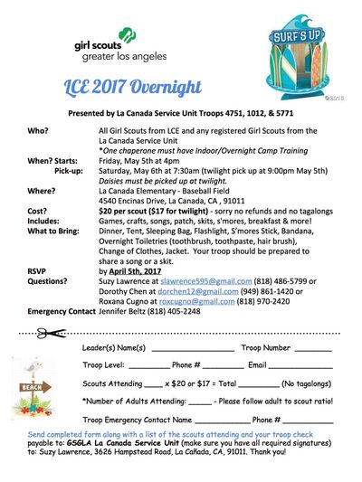 Flyer for LCE 2017 Overnight Girl Scouts event with details on date, location, cost, and contact info.